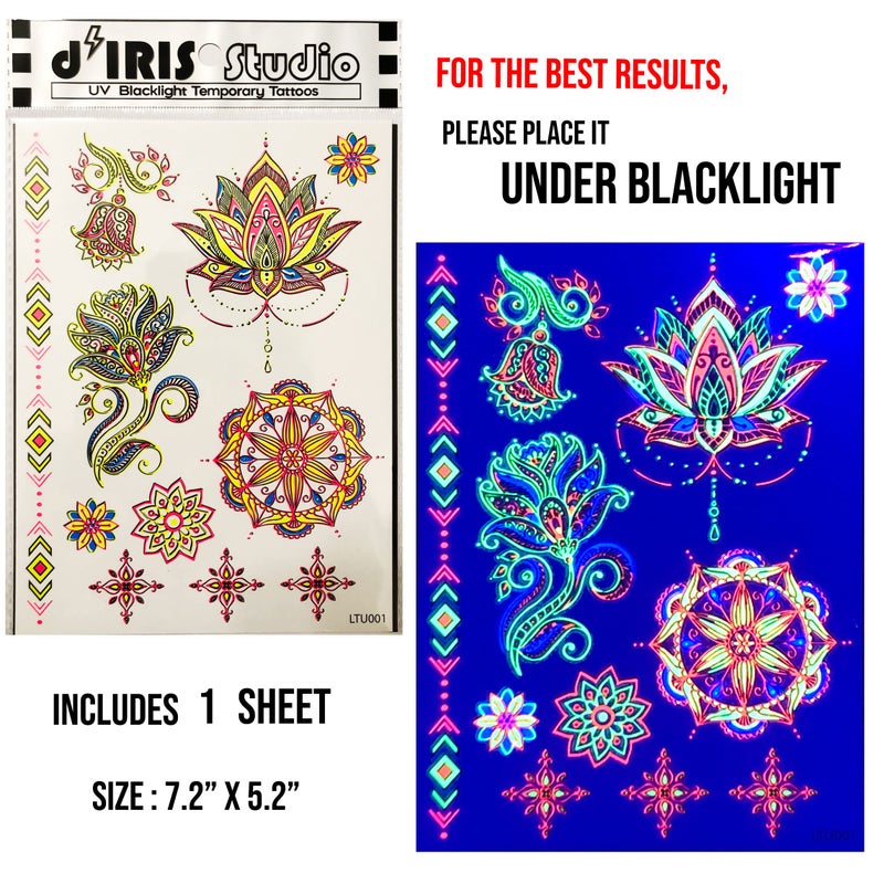 d'IRIS studio Temporary Tattoos for Glow Party UV Blacklight â€“ 1 Sheet Lotus Floral Body Paint Art Light Festival Accessories Glow in the Dark Makeup | 7.2â€ x 5.2â€ Temp Great for EDM EDC Party Rave Parties - Image 5
